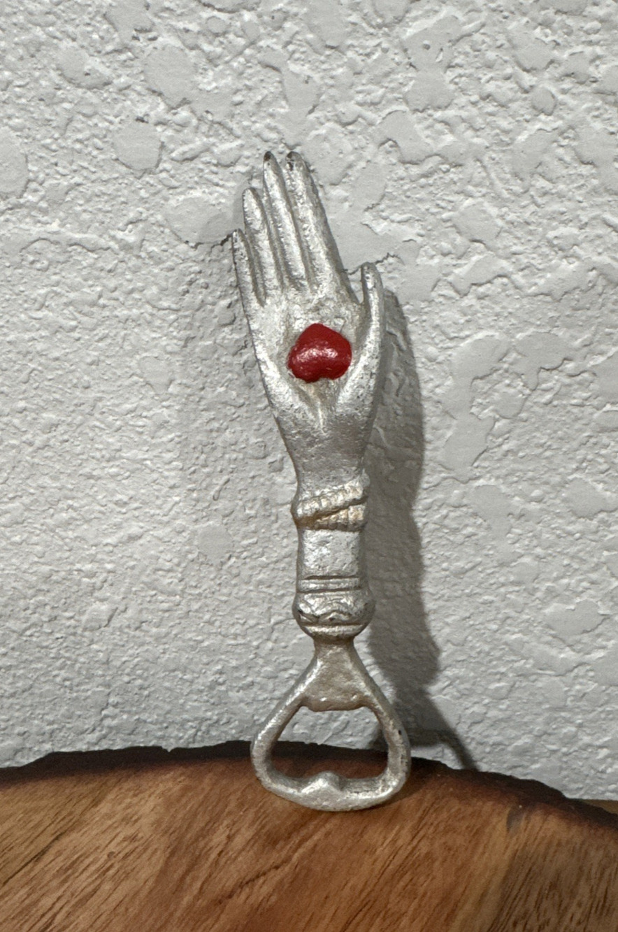 Vtg Heart In Hand Bottle Opener Cast Iron Bar Decor